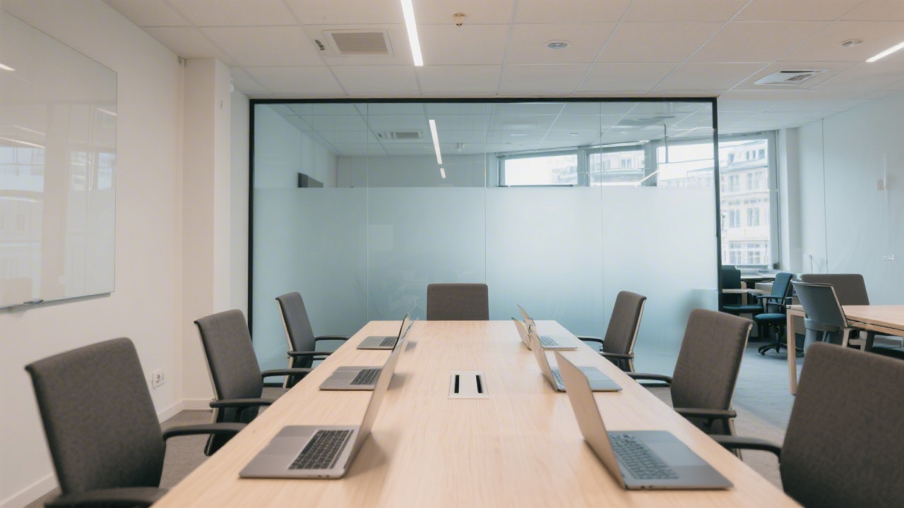 Interior of a modern Prague office with meeting table, laptops, and a glass wall, neutral colors and calm professional atmosphere