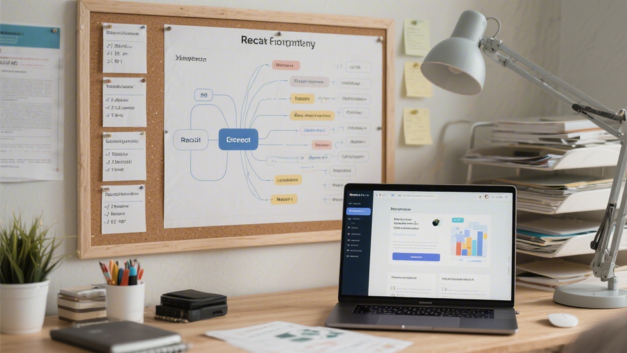 Project board with completed tasks, printed React component map, and a laptop displaying a finished MVP interface, organized workspace showing clear deliverables