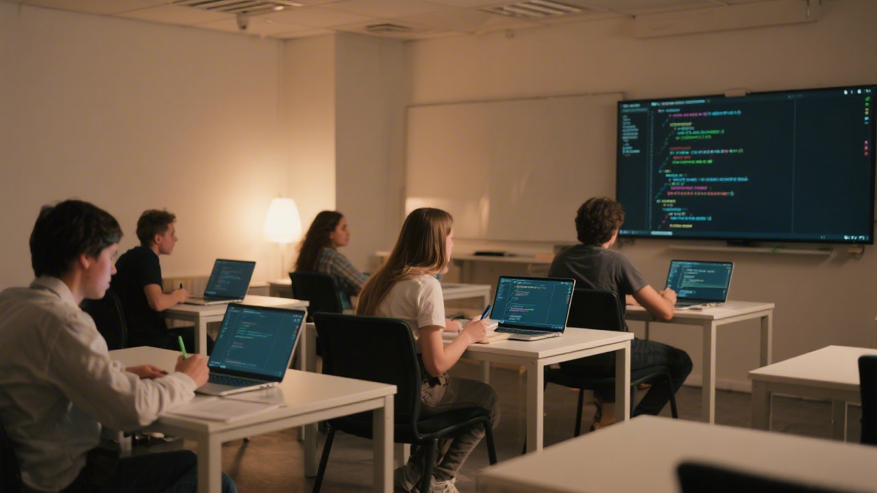 Modern classroom workspace with laptops showing React code editors, students taking notes, warm lighting, simple desks, clean minimal interior, technology-focused training atmosphere