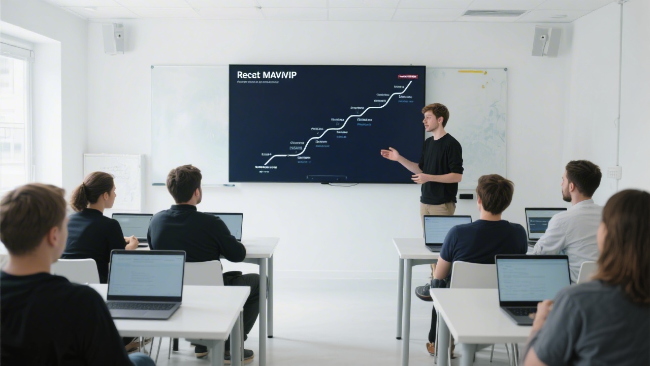 Developer presenting a React MVP roadmap on a large screen, small group listening with laptops open, bright modern classroom with simple furniture and clean layout