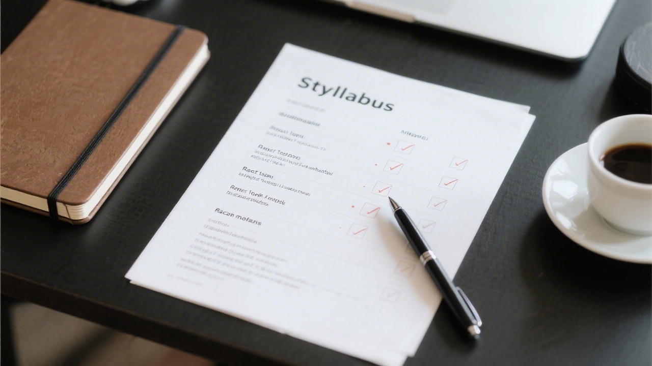 Close-up of a printed syllabus checklist with React topics, milestones, and a pen marking progress, placed on a dark desk with a notebook and coffee cup